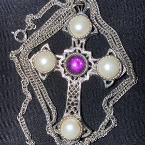 Sarah Coventry Silver tone Purple Cross Pendant Necklace